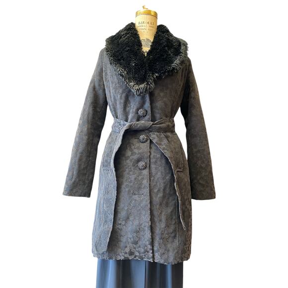 vintage y2k coat black brocade faux fur collar medium 1960s style gothic jacket - Picture 11 of 11